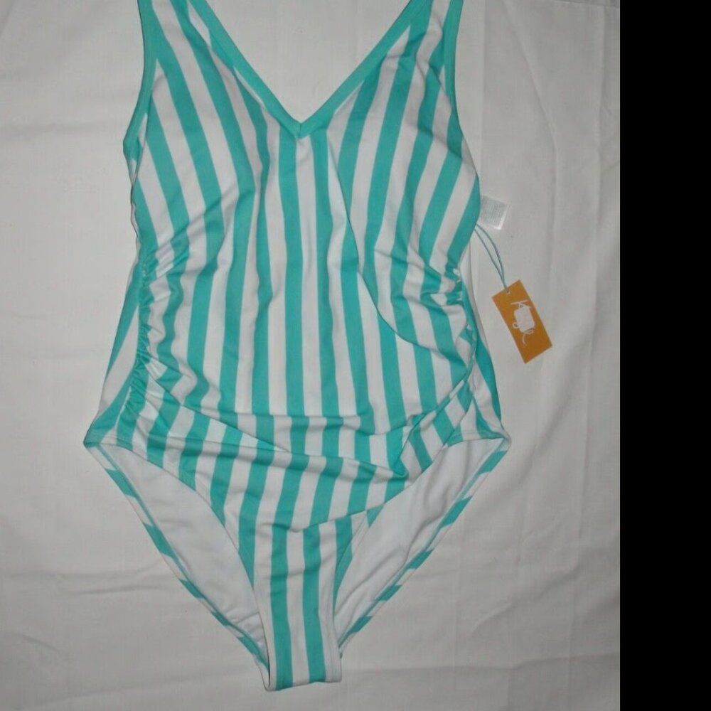 Women's plus size 20W One-Piece turquoise striped Swimsuit High Leg V-neck